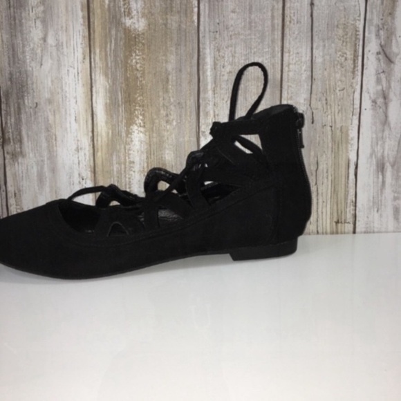 Qupid Black Lace Up Pointed Toe Flats - Picture 3 of 5